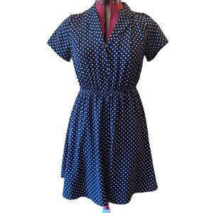 MONTEAU - Polka Dot Button Up Dress Navy Blue short sleeves - medium